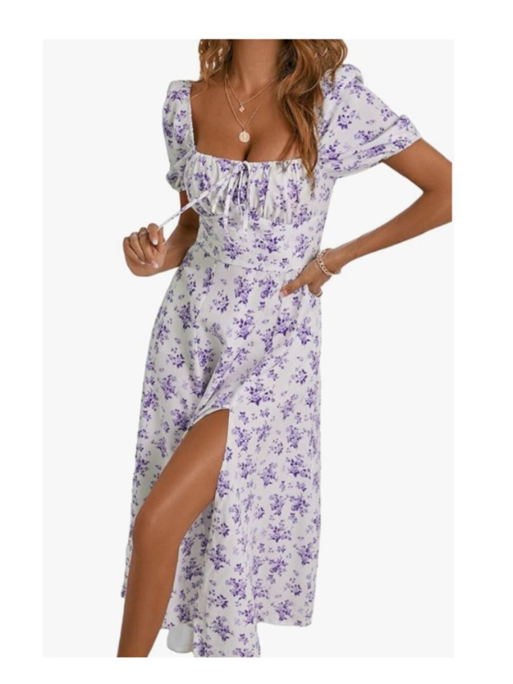 NWT - Women's Floral Print Tie Front Square Neck Short Sleeve Dress - SIZE L